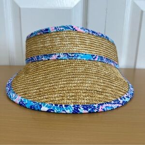 Lilly Pulitzer Straw Sun Visor with Blue and Pink Trim